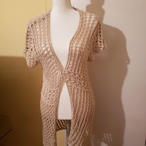 Tan womans long crochet sweater sz L